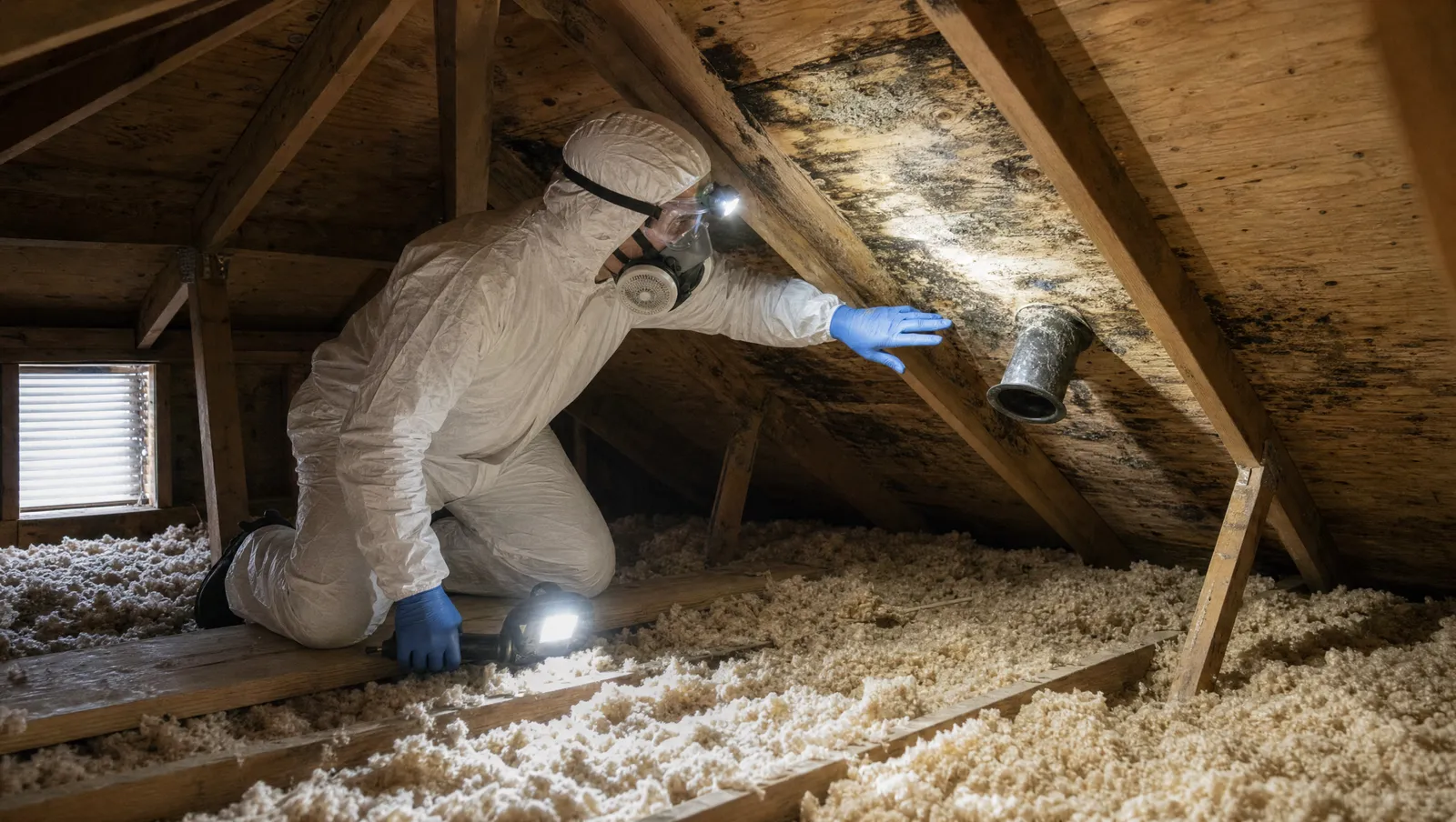 Technician inspecting mold on attic roof sheathing above blown-in insulation