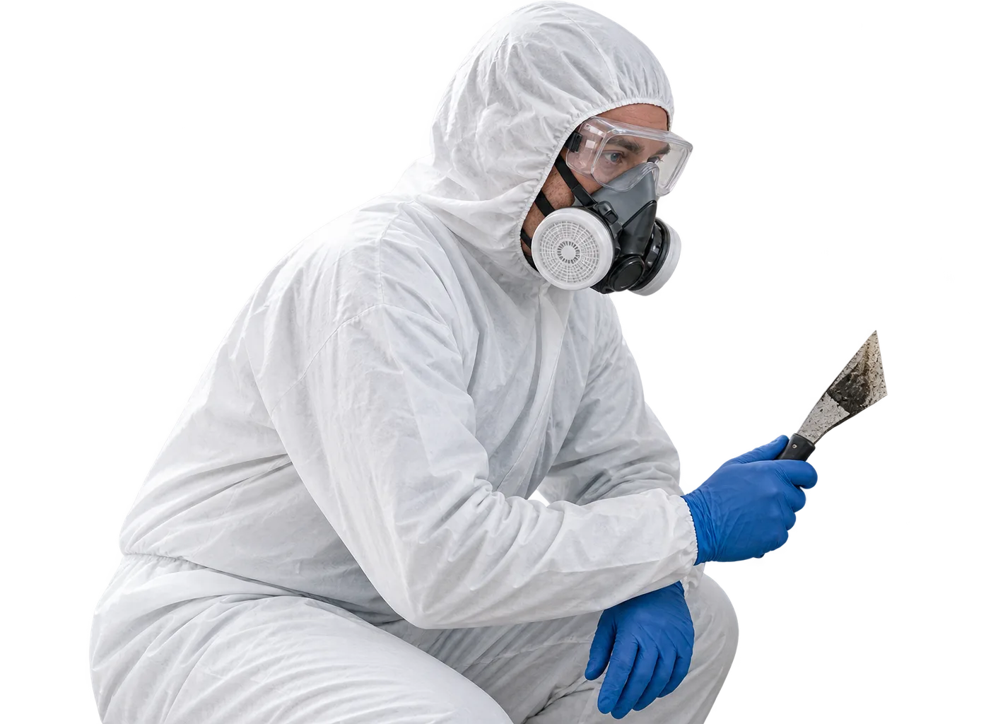 Mold remediation technician in full protective equipment treating a mold-affected wall in Carrollton, TX