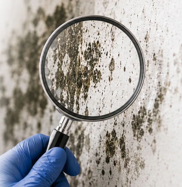 Gloved hand inspecting a mold-affected wall with a magnifying glass in Carrollton, TX