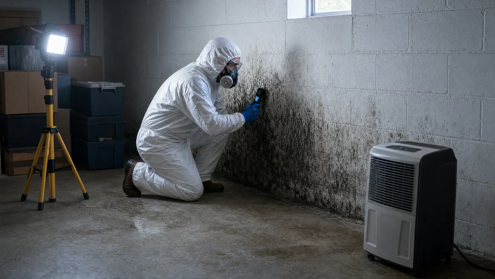 Technician treating mold on a lower-level wall in a Carrollton, TX home