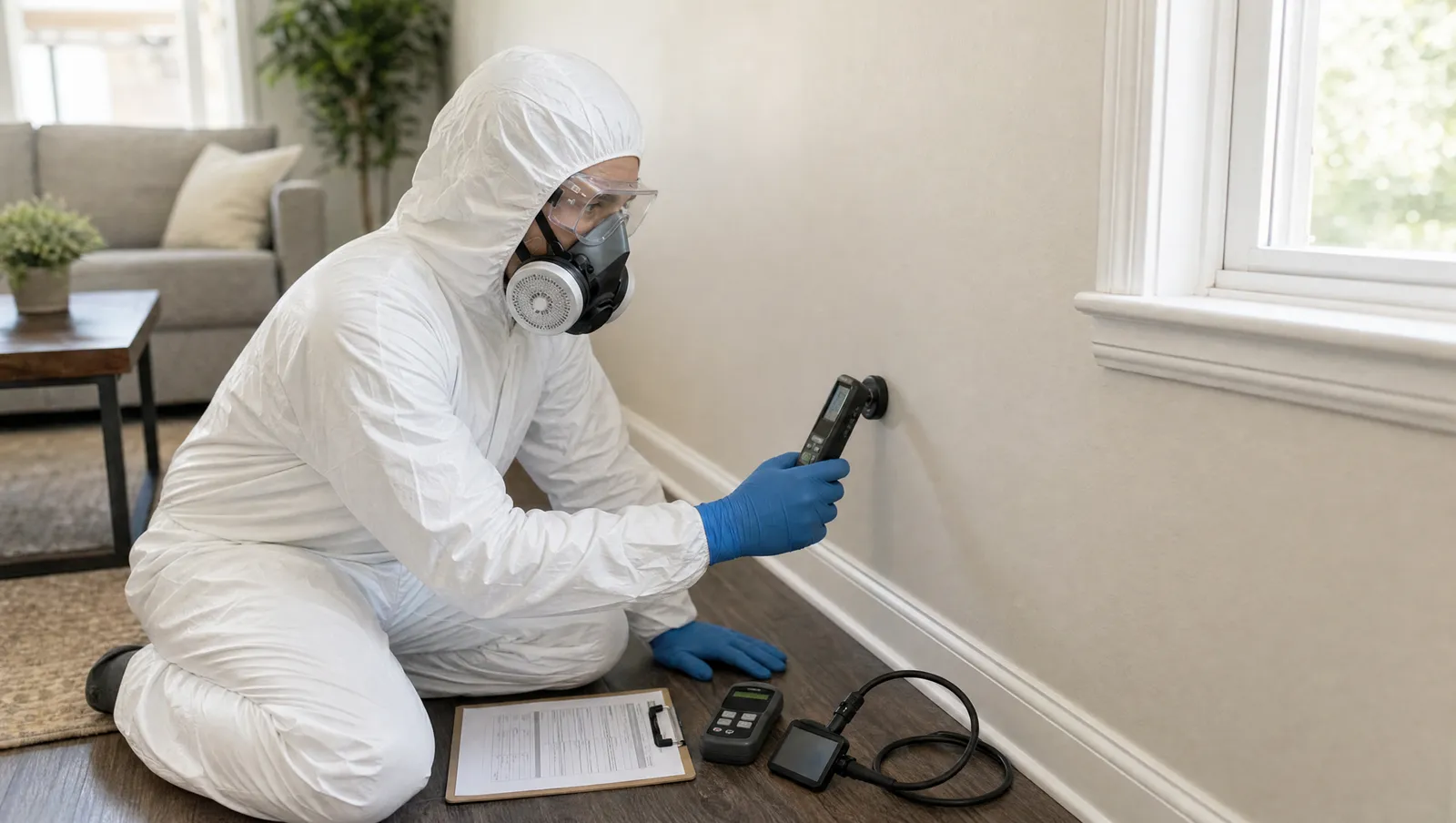 Licensed mold inspector taking an indoor air quality sample in a Carrollton, TX home