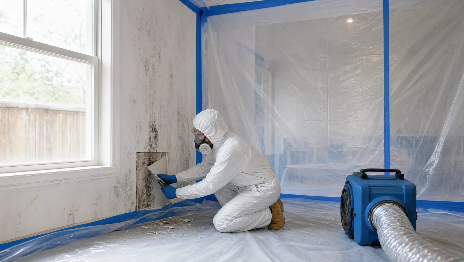 Mold remediation crew working inside a sealed containment in a Carrollton, TX home